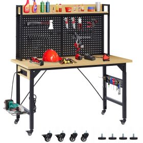 48''Adjustable Workbench with pegboard, Heavy Duty Wooden Desktop Workbench with Wheels, 1600 lb. Load Capacity, Rolling Workbench with AC/USB Outlet