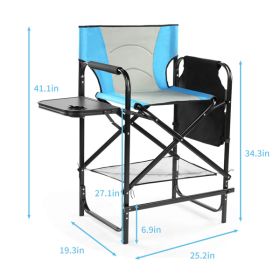 26" Tall Directors Chair with Footrest, 4Portable Bar Height Folding Camping Chair with Built-in Cup Holder, Side Table, Storage Pocket, Blue & Gray