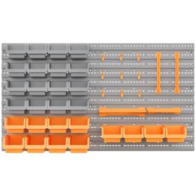 44 PCS Wall Mounted Pegboard Tool Organizer Rack Kit with Various Sized Storage Bins, Pegboard and Hooks, Orange