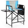26" Tall Directors Chair with Footrest, 4Portable Bar Height Folding Camping Chair with Built-in Cup Holder, Side Table, Storage Pocket, Blue & Gray