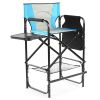 31" Tall Directors Chair with Footrest, 4Portable Bar Height Folding Camping Chair with Built-in Cup Holder, Side Table, Storage Pocket, Blue & Gray