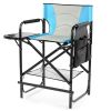 26" Tall Directors Chair with Footrest, 4Portable Bar Height Folding Camping Chair with Built-in Cup Holder, Side Table, Storage Pocket, Blue & Gray